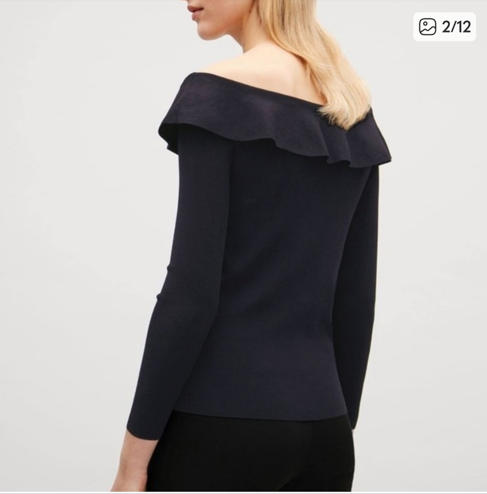 COS Black Off-Shoulder Ruffle Fine Rib Knit Top Size Medium - Picture 2 of 10